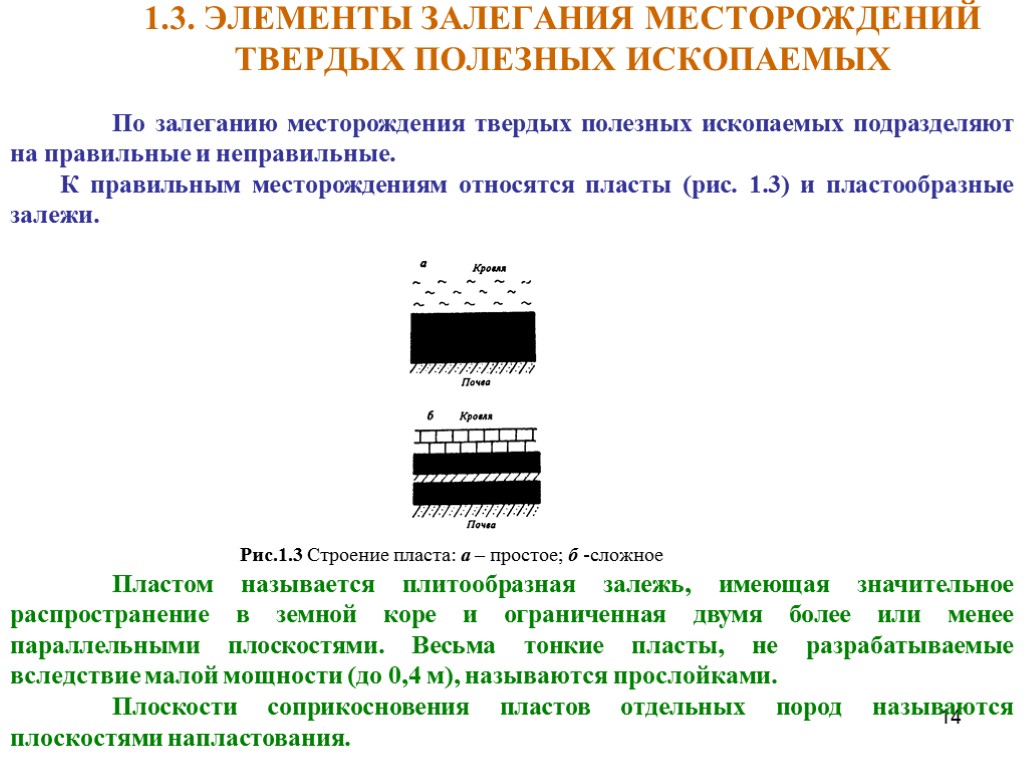 14 1.3. ЭЛЕМЕНТЫ ЗАЛЕГАНИЯ МЕСТОРОЖДЕНИЙ ТВЕРДЫХ ПОЛЕЗНЫХ ИСКОПАЕМЫХ По залеганию месторождения твердых полезных ископаемых